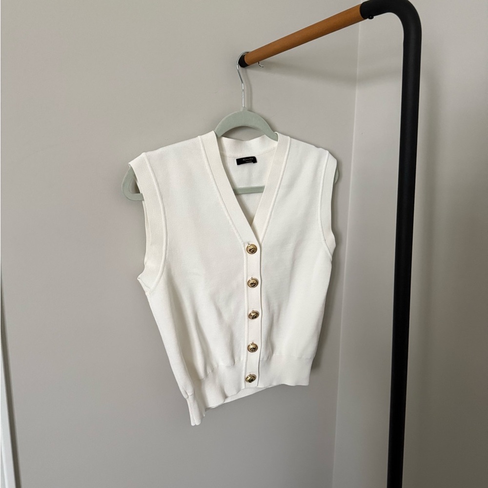 White Sleeveless V-Neck Cardigan Vest with Gold Buttons